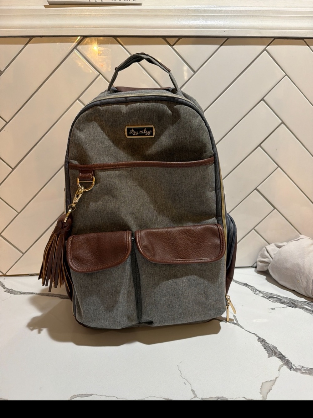 Itzy Ritzy Gray and Brown Men's Backpack with Leather Accents